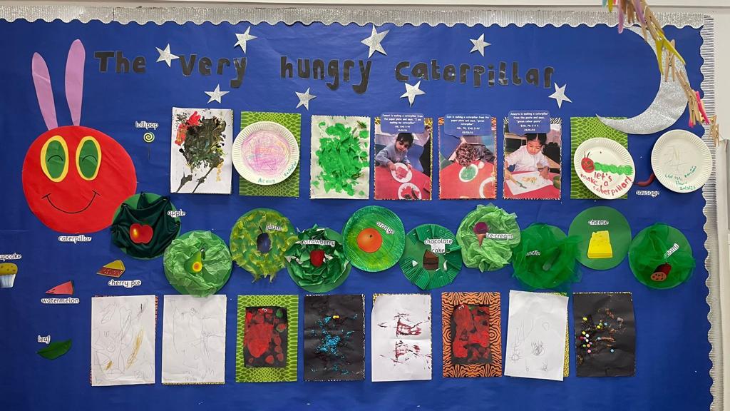 A board filled with drwaings and arts